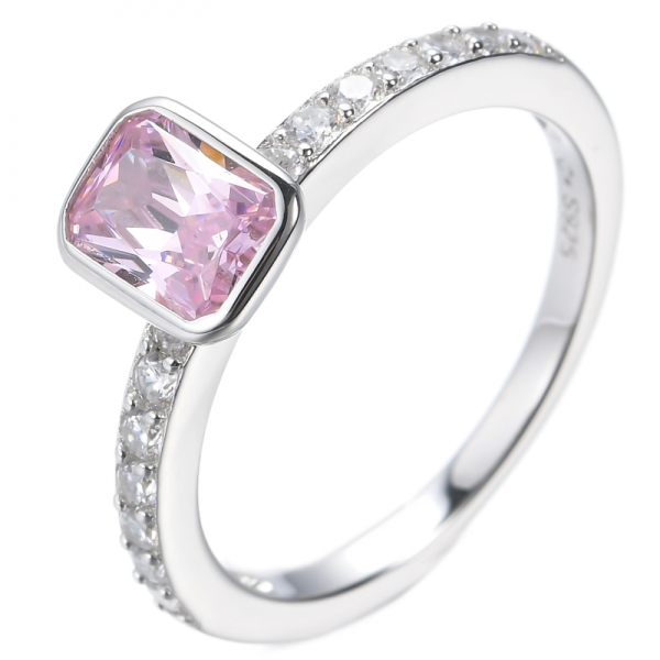 White And Pink Diamond CZ Octagon Rhodium Silver Ring 