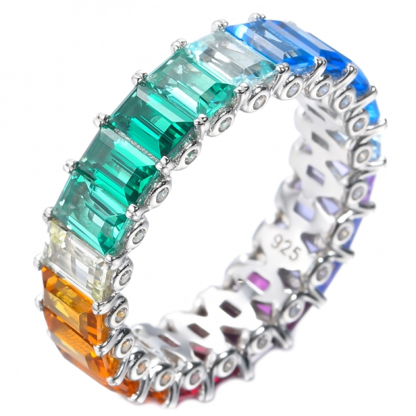 925 Emerald Cut Rainbow Eternity Ring Rhodium Plating Over Sterling Silver 