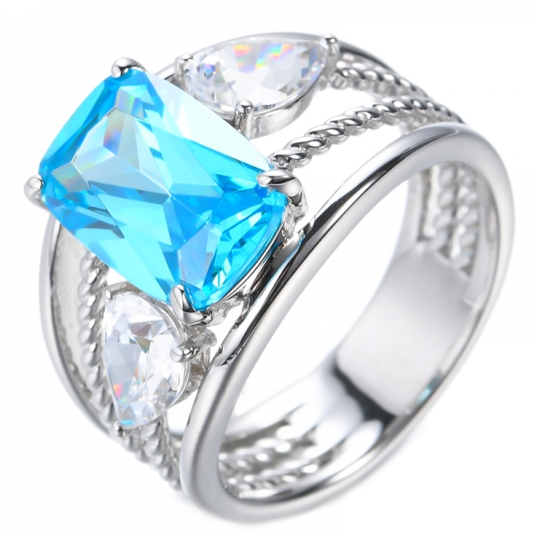 925 Cushion Aquamarine And Pear White CZ Rhodium Plated Silver Ring 