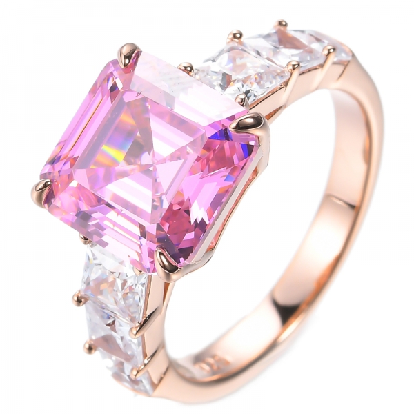 Asscher Cut Pink CZ Center Rose Gold Plated 925 Silver Ring 