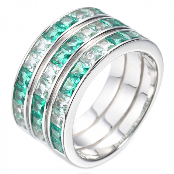 Three Rows Emerald Green Princess Cut 925 Rhodium Plated Silver Ring 