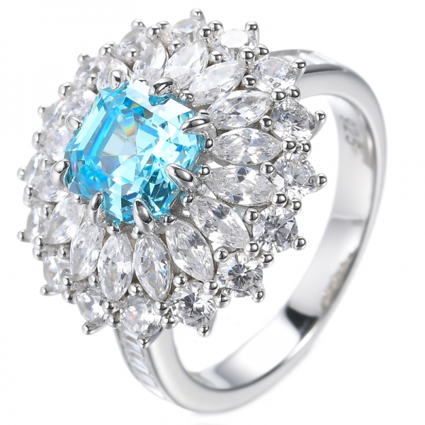 Asscher Cut Aquamarine Center Rhodium Plated Sterling Silver Ring 