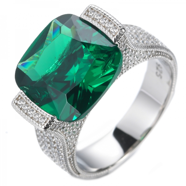 Rhodium Plated Sterling Silver Ring With Cushion Emerald Green Center 