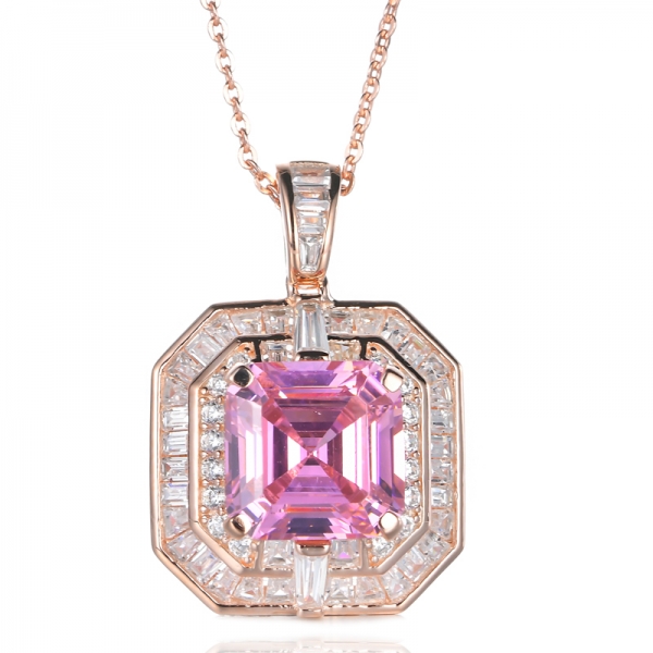 Asscher Cut Pink CZ Center Rose Gold Plated Silver Pendant 