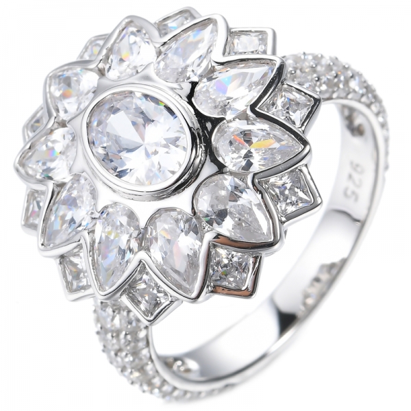 Oval Center And Pear Accent White Cubic Zircon Rhodium Plating Sterling Silver Ring 