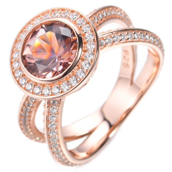 Round Lab Created Pink Morganite Center Rose Gold Plated Silver Ring 