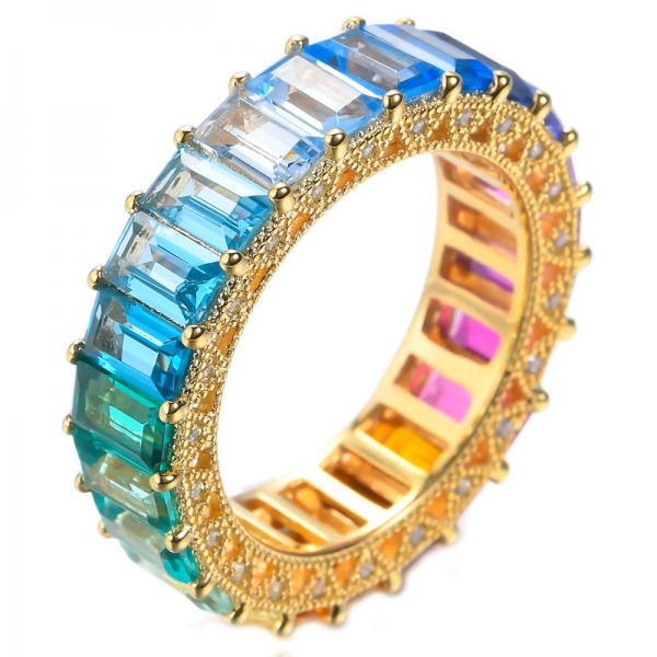 925 Silver Emerald Cut Rainbow Eternity Ring With Yellow Gold Plating 