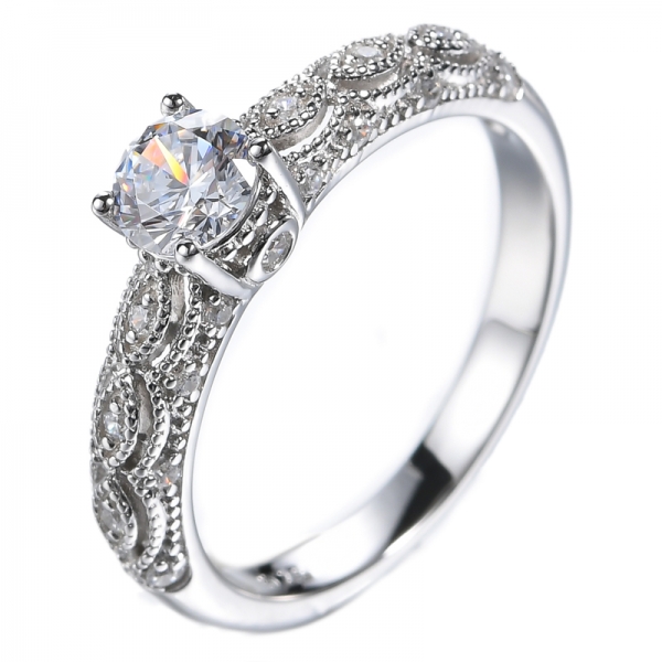 Sterling Silver Round Cubic Zirconia CZ Art Deco Engagement Ring 
