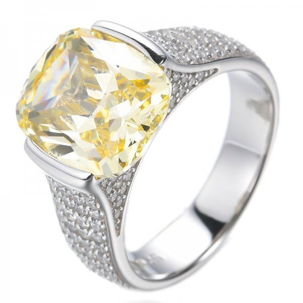 Cushion Yellow Diamond CZ Rhodium Plating Over Sterling Silver Ring 