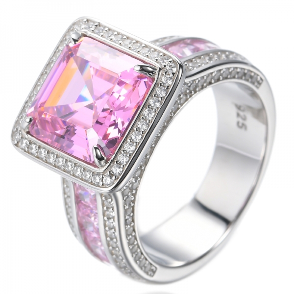 Pink Asscher Cut Cubic Zircon Center Rhodium Plated Silver Ring 