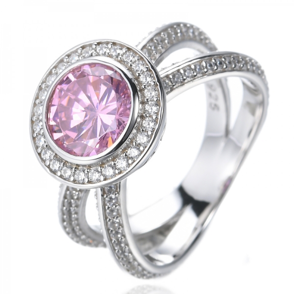Round Lab Created Pink Morganite Center Rose Gold Plated Silver Ring 