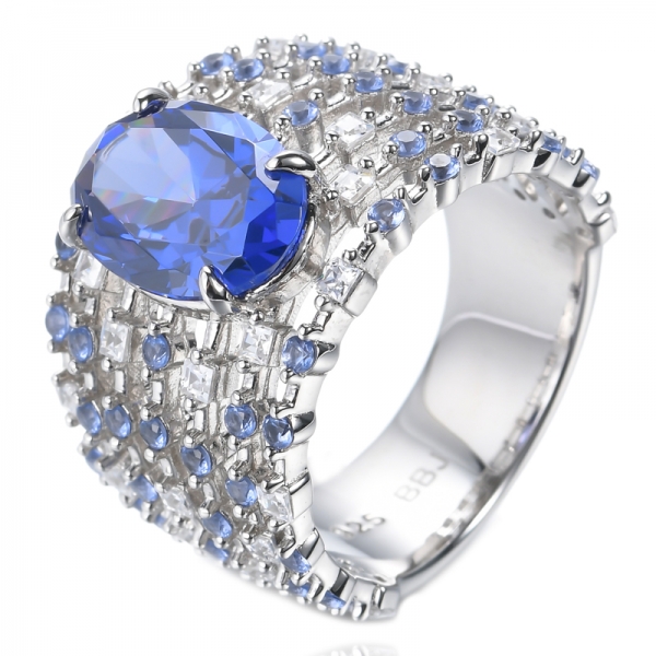 Blue Tanzanite And White Cubic Zircon Rhodium Plated Silver Ring 