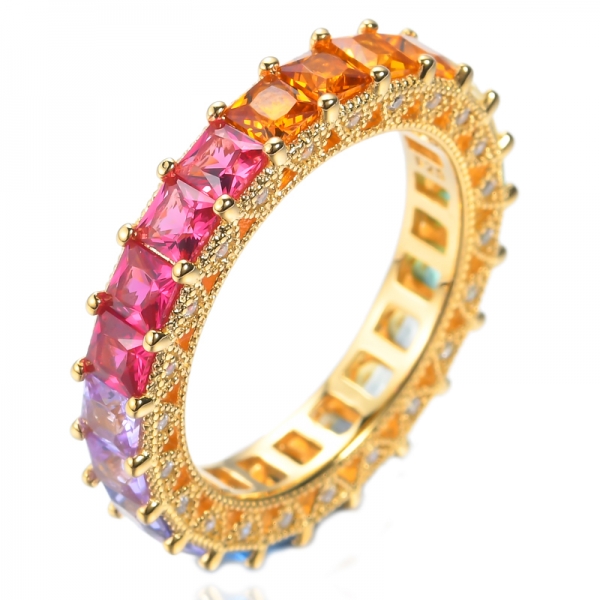 925 Silver Princess Rainbow Eternity Ring With Yellow Gold Plating 