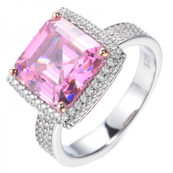 925 Asscher Cut Pink Cubic Zircon Center Two Tone Plated Silver Ring 