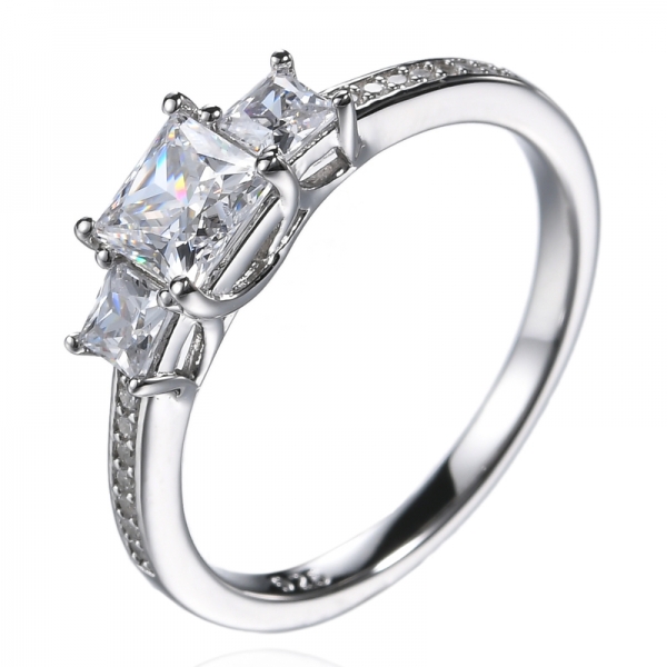 Sterling Silver Square Cubic Zirconia CZ 3-Stone Anniversary Promise Engagement Ring 