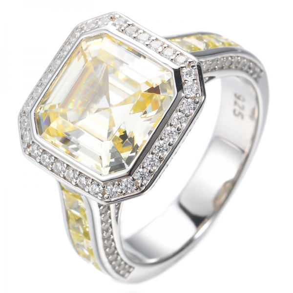 Asscher Cut Diamond Yellow Cubic Zircon Center Rhodium Plated Silver Ring 