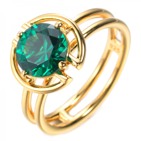 925 Round Emerald Green Yellow Gold Plating Solitaire Silver Ring 