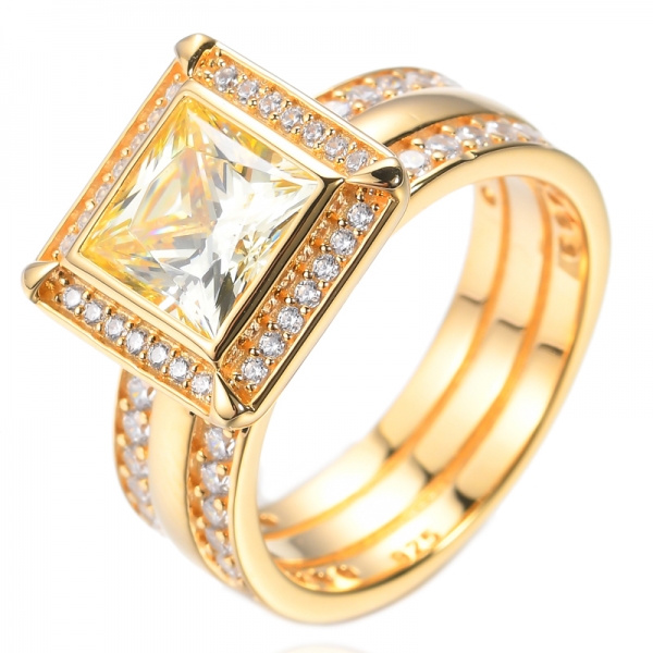 925 Princess Cut Diamond Yellow Cubic Zorcon Gold Plated Silver Ring 