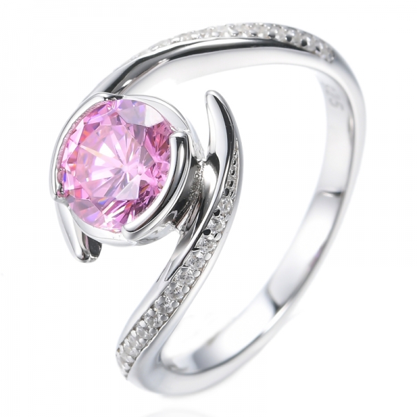 925 Round Pink And White Cubic Zircon Rhodium Plated Silver Ring 