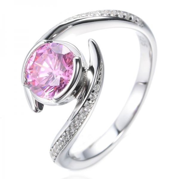 925 Round Pink And White Cubic Zircon Rhodium Plated Silver Ring 