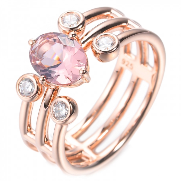 925 Lab-Created Morganite And White Cubic Zircon Rose Gold Plated Silver Ring 