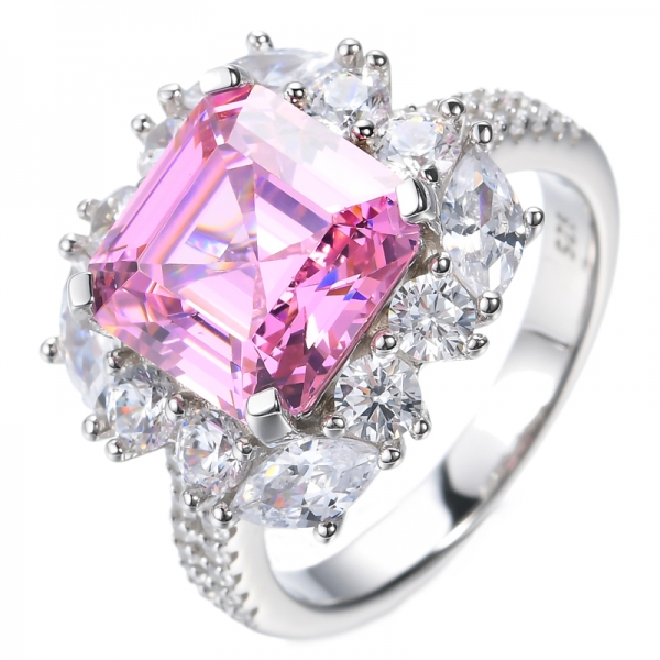 Asscher Cut Pink Center And White Cubic Zirconia Rhodium Plated Silver Ring 