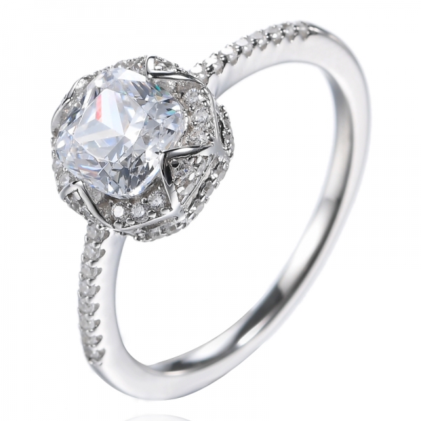Created Diamond Cushion Cut Engagement Ring Solitare with Accents Sterling Silver 