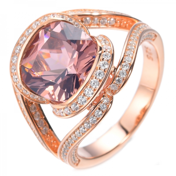 Cushion Lab-Created Pink Morganite Center Rose Gold Plating Silver Ring 