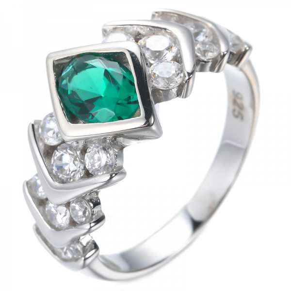 925 Oval Emerald Green Center Rhodium Plating Over Sterling Silver Ring 