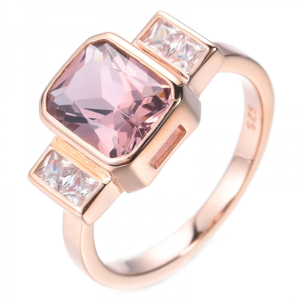 925 Lab-Created Pink Morganite Center Rose Gold Plated Silver Ring 