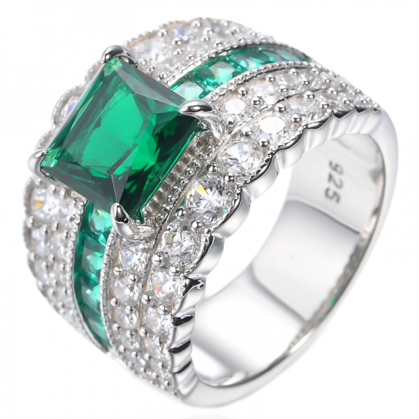 Princess Cut Emerald Green And White Cubic Zirconia Rhodium Plated Silver Ring 