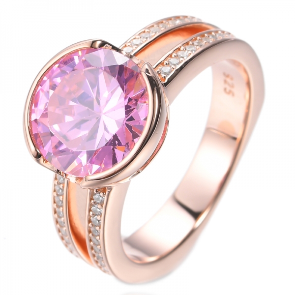 925 Rose Gold Plated Silver Ring With Round Pink Cubic Zirconia Center 