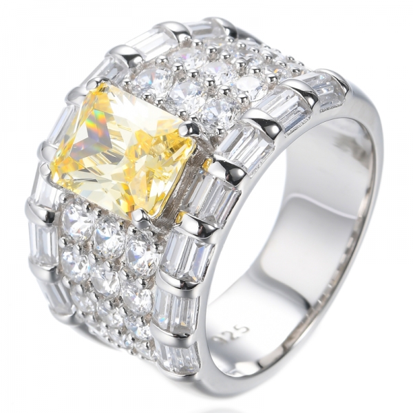 Octagon Canary And White Cubic Zirconia Rhodium Plating Silver Ring 