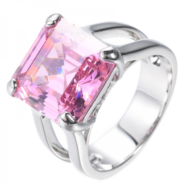 925 Asscher Cut Pink Cubic Zirconia Rhodium Plated Silver Solitaire Ring 