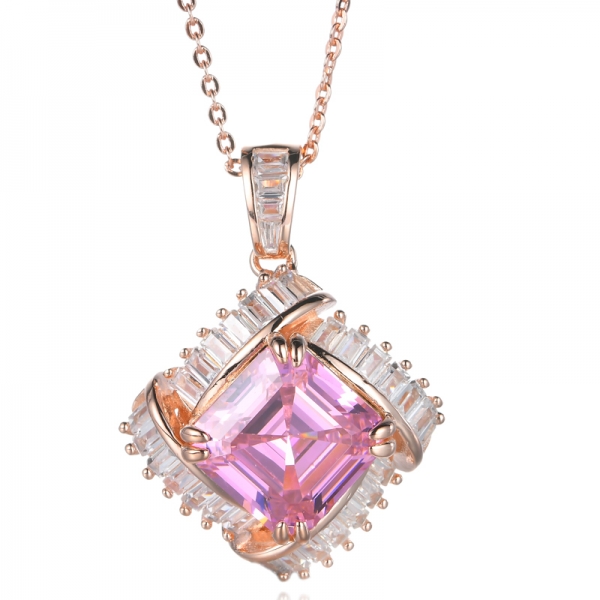 Asscher Cut Pink Cubic Zirconia Center Rose Gold Plated Silver Pendant 