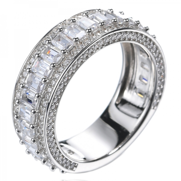 Baguette and Round Shape Diamond Sterling Silver Wedding Band Ring 