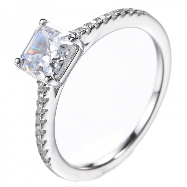 Asscher Cut Solitaire Engagement Ring with Sides in Solid Sterling Silver & Pure Brilliance Zirconia 
