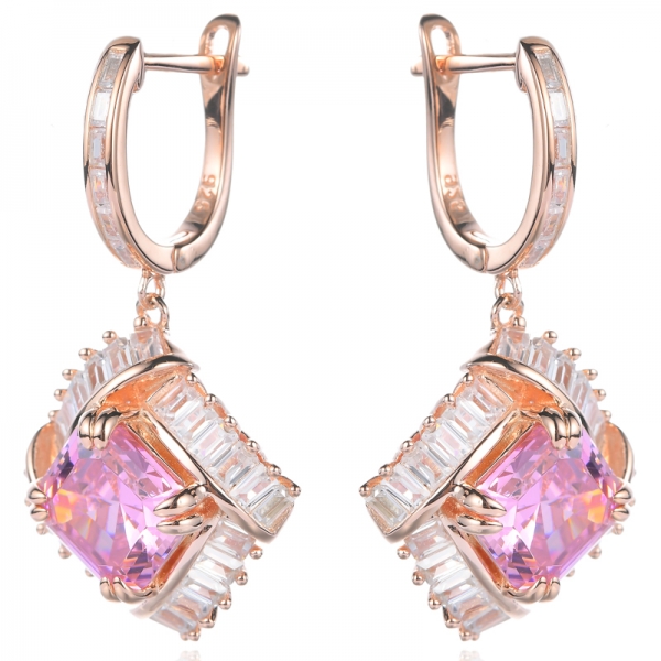 925 Asscher Cut Pink Cubic Zircon Center Rose Gold Plating Silver Earrings 