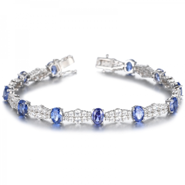 925 Blue Tanzanite And White Cubic Zirconia Rhodium Silver Bracelet 