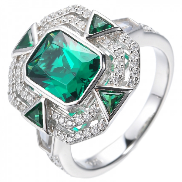 925 Rhodium Plating Silver Ring With Emerald Green And White Cubic Zirconia 