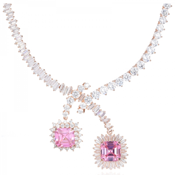Luxury Pink And White Cubic Zirconia 18K Rose Gold Silver Bridal Necklace 