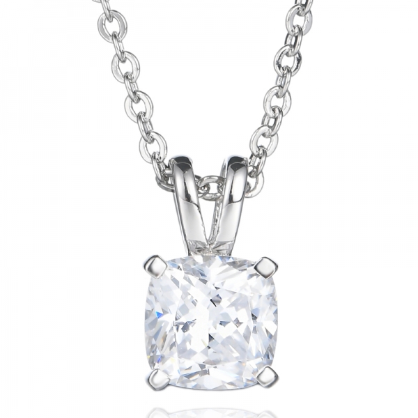 925 Cushion White Cubic Zirconia Rhodium Plating Silver Solitaire Pendant 