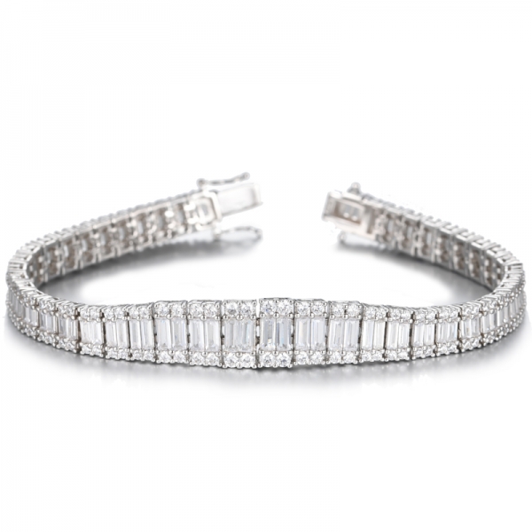 925 White Baguette And Round Cubic Zirconia Rhodium Plating Silver Bracelet 
