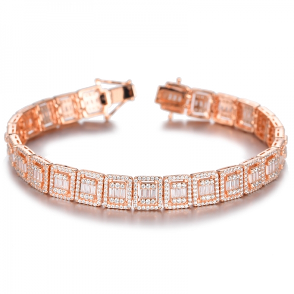925 Round And Baguette White Cubic Zirconia 18K Rose Gold Plating Silver Bracelet 