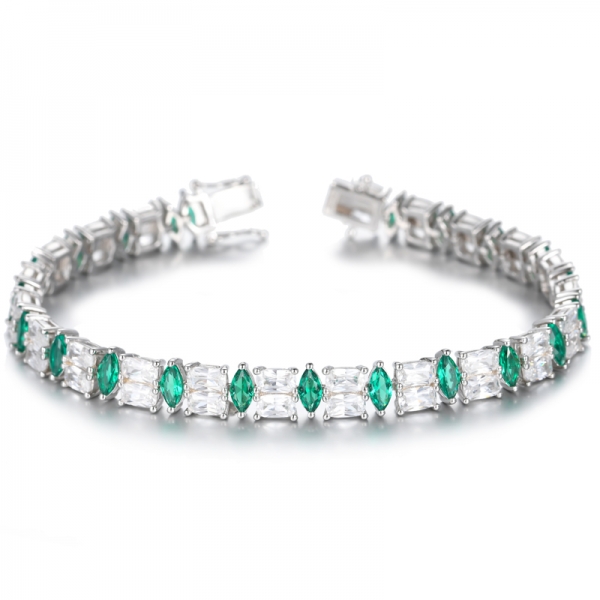 Green Emerald And White Cubic Zirconia Rhodium Plating Silver Bracelet 
