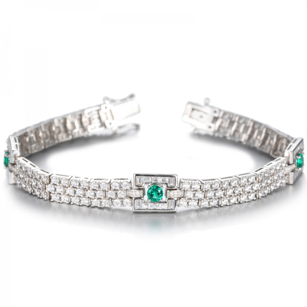 925 White Cubic Zirconia And Green Emerald Rhodium Plated Silver Bracelet 