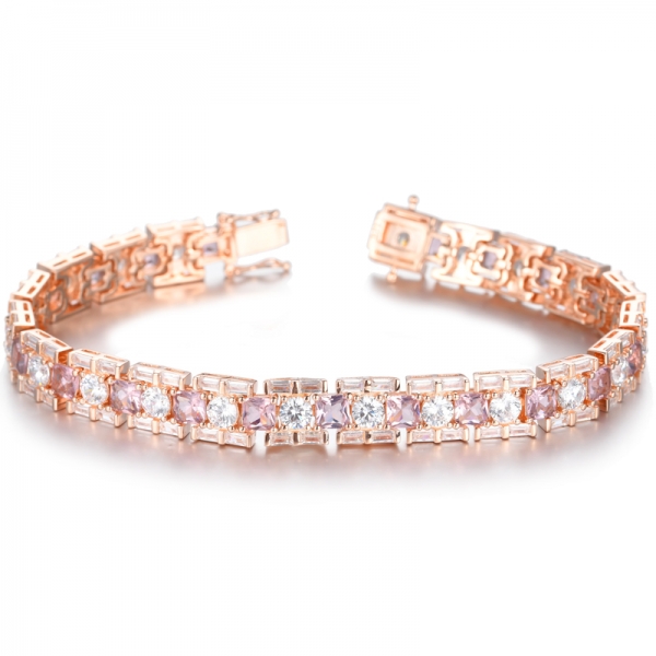 Lab-Created Pink Morganite And White Cubic Zirconia 18K Rose Gold Silver Bracelet 