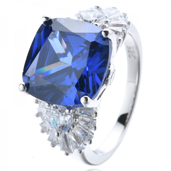 Cushion Bule Tanzanite And White Cubic Zirconia Rhodium Plating Silver Ring 