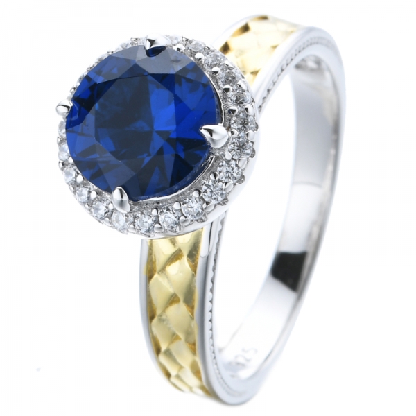 Lab-Created Round Blue Sapphire Center Two Tone Plating Silver Ring 