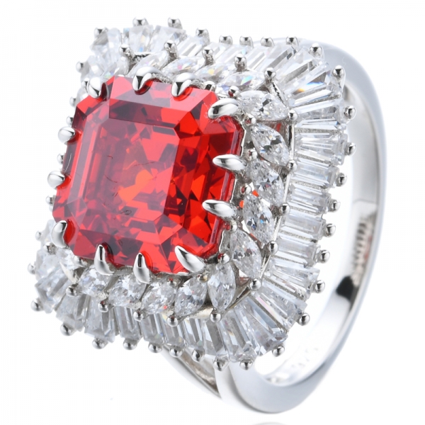 Asscher Cut  Padparadscha Cubic Zircon Center Rhodium Plating Silver Ring 